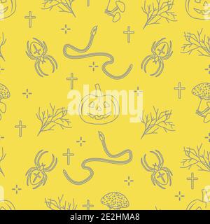 Halloween vector seamless pattern with pumpkins, branches, spiders, snakes, crosses. Design for decoration, wrapping, greeting cards, web page backgro Stock Vector