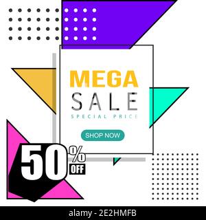 Mega sale, promo, memphis style web banner, poster, tag and flyer. Fashion and travel discount poster. EPS 10 Vector holiday Abstract colorful illustr Stock Vector