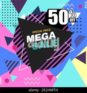 Mega sale, promo, memphis style web banner, poster, tag and flyer. Fashion and travel discount poster. EPS 10 Vector holiday Abstract colorful illustr Stock Vector