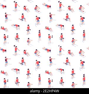Workout exercise seamless pattern isometric. Athletic muscle training pattern. Stock Vector