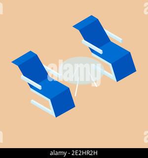 Blue sunbeds and tea table on sand Stock Vector
