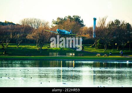 Full size model spitfire aircraft at Fairhaven lake Lytham St Annes Stock Photo