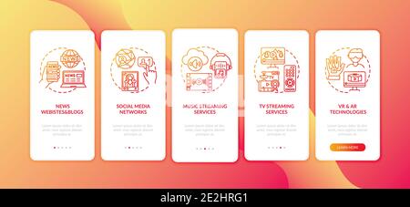 New media examples onboarding mobile app page screen with concepts. VR and AR technologies, TV streaming walkthrough 5 steps graphic instructions. UI Stock Vector