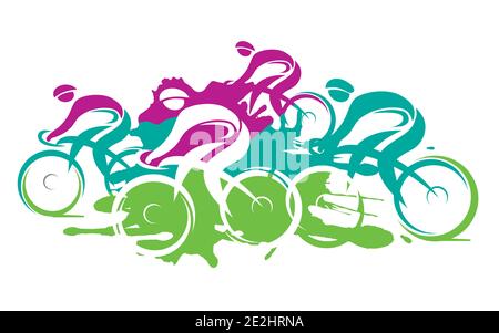 Cycling race, expressive Stylized. Colorful Illustration of cyclists in full speed. Imitation of hand drawing. Isolated on white background. Stock Vector