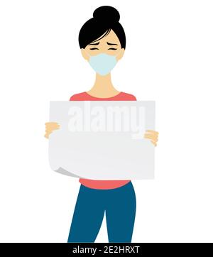 Woman wearing a mask and holding a piece of paper. Stock Vector