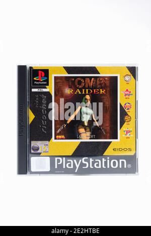 The original Tomb Raider Playstation One game from 1996 an action-adventure video game developed by Core Design and published by Eidos Interactive Stock Photo