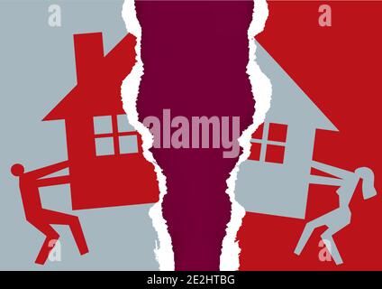 Division of property at divorce. A divorced couple ripping paper with the symbol of the house. Vector available. Stock Vector