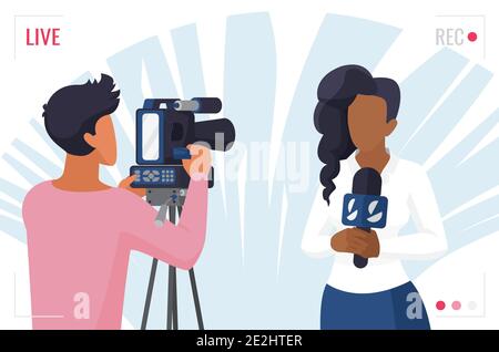 Journalist tv news, reporter video interview with camera vector illustration. Cartoon woman interviewer with microphone and professional cameraman videographer, journalism concept isolated on white Stock Vector