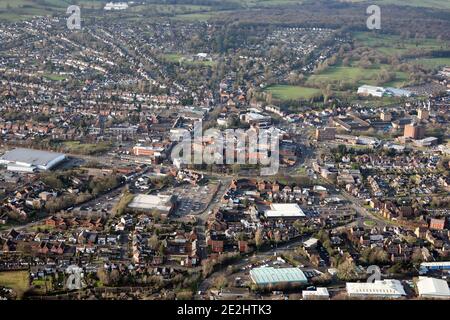 aerial view of Cannock town centre with Morrisons superstore prominent in the foreground, and Cannock Shopping Centre further back Staffordshire, UK Stock Photo