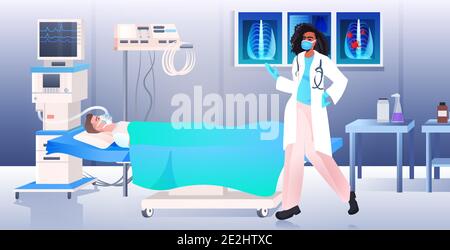 african american doctor in mask and protective suit examining man patient on bed covid-19 pandemic concept hospital ward interior horizontal full length vector illustration Stock Vector