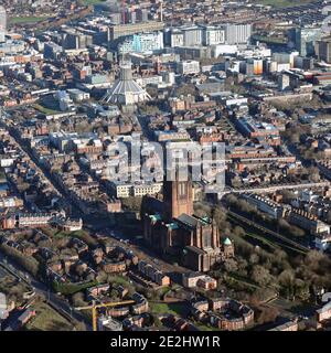 aerial view of Liverpool Cathedral and Liverpool Metropolitan Cathedral in the background, Merseyside Stock Photo
