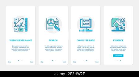 Police investigation of crime concept vector illustration. UX, UI onboarding mobile app page screen set with line video surveillance, search for criminal evidence, computer base abstract symbols Stock Vector