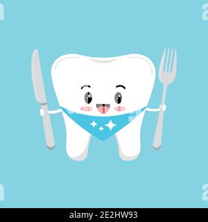 Cute tooth molar with fork and knife. Stock Vector