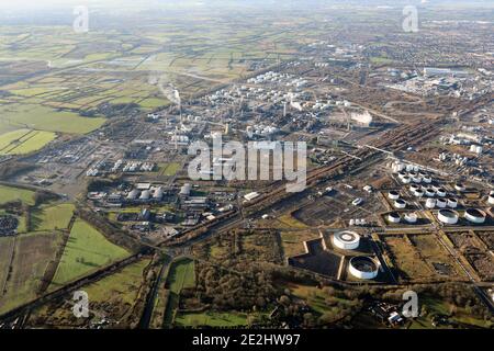 aerial view of Stanlow Oil Refinery (& also Thornton Technology Park), Ellesmere Port, Cheshire, UK Stock Photo