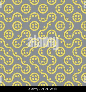 Truchet generative art random circles and wavy lines vector seamless pattern background. Backdrop of yellow and grey wavy, circular shapes and dots Stock Vector