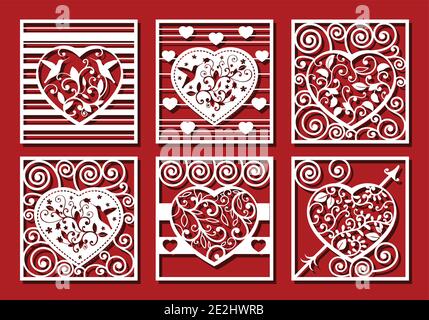 Hearts on red background for laser cutting. Set of white ornamental hearts for wedding, valentines day Stock Vector