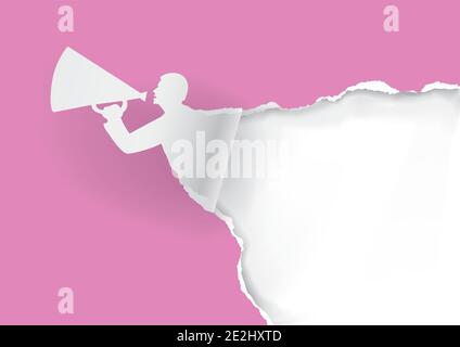 Declaration of love with a megaphone. Man with megaphone ripping pink paper background with place for your text or image. Template for Valentine day. Stock Vector