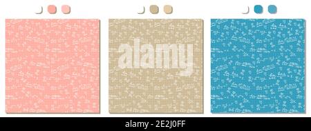 Set of three pink, beige and blue vector seamless patterns with handwritten white mathematical formulas, calculations on squared paper. Mathematical a Stock Vector