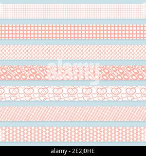 Set of cute patterned pink and white washi seamless border tapes for scrapbooking. Love theme Stock Vector