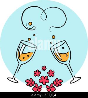 Vector Illustration of two Glass of wine, Couple of champagne and flowers for Valentine's Day, wedding, engagement, marriage, birthday. Congratulation Stock Vector
