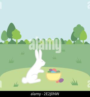 Green spring sunny lawns with white rabbit, basket with eggs, trees made in vector. Easter Greeting card, background. Copyspace for text Stock Vector