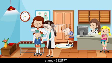 Kids in the hospital with doctors scene illustration Stock Vector