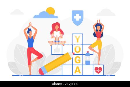 Yoga crossword vector illustration. Cartoon man woman yogist characters team doing sport workout from yogi poses, meditating, stretching healthy body, crossword puzzle with yoga word isolated on white Stock Vector