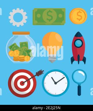 bundle of nine sales and finance analysis set icons Stock Vector