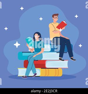 couple reading text books seated in books characters Stock Vector