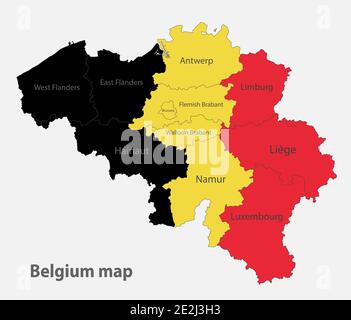 Map of the Belgium in the colors of the flag with administrative divisions vector Stock Vector