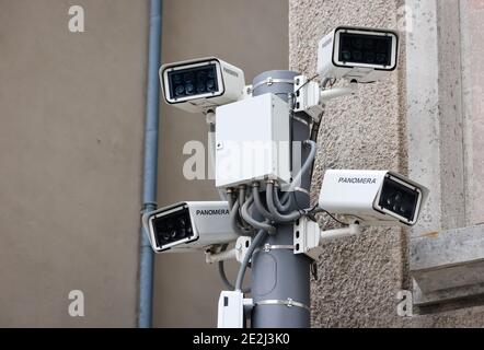 Cologne, North Rhine-Westphalia, Germany - Surveillance cameras in times of corona crisis at the second lockdown in downtown Cologne. Stock Photo
