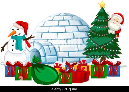 Santa Claus with many gifts and igloo on white background illustration Stock Vector