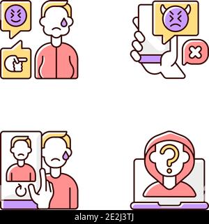 Cyberbullying and discrimination RGB color icons set Stock Vector