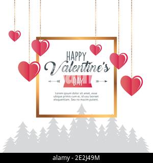 valentines day poster lettering with hearts hanging in square golden frame Stock Vector