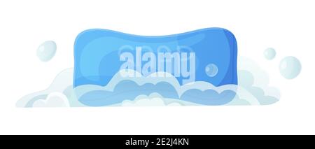 Blue solid soap with bubble and foam. Fresh, clean, hygiene, skin care cosmetic, wash hands, bath accessories concept. Stock vector illustration in Stock Vector