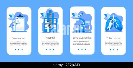 Tuberculosis, pneumonia app template vector. Lung diagnosis concept, it is landing page, website, app, banner. Coronavirus clinic research. Stock Vector