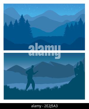 forest and mountains with man walking abstract landscapes scenes Stock Vector