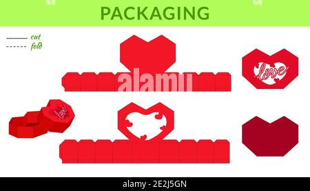 Heart packaging design for Valentine's day, birthdays, baby showers for sweets, candies, small presents, bakery. Retail box blueprint template design. Stock Vector
