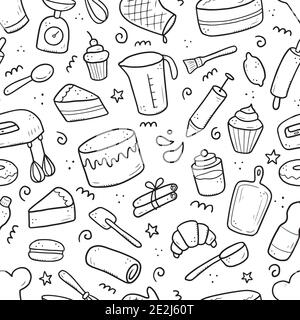 Hand drawn seamless pattern of baking and cooking tools, mixer, cake, spoon, cupcake, scale. Doodle sketch style. Illustration for textile, background, wallpaper design. Stock Vector