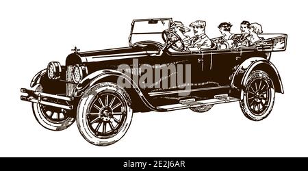 Open vintage special touring car with five passengers, after an antique drawing from the early 20th century Stock Vector