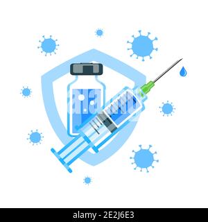 Vaccination concept. Vaccine vial and medical syringe. Virus protection. Medical treatment and healthcare. Isolated vector illustration Stock Vector