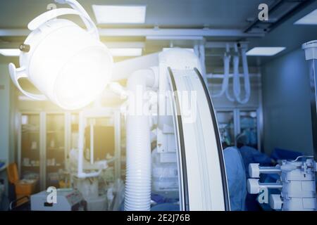 Working doctors in modern equipped cathlab. Stock Photo