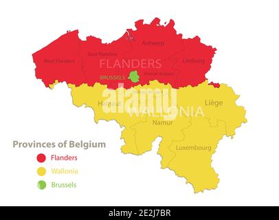 Belgium map, individual regions with names, provinces of Belgium,  isolated on white background vector Stock Vector