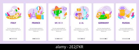 Travel to Italy, France, Mexico, USA, Germany, Russia. Mobile app onboarding screens, vector website banner template. Stock Vector