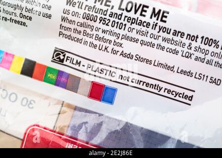 Close-up shot of soft plastic film recycling information - non recyclable - on of ASDA White Pittas packet, along with CMYK colour strip. Stock Photo