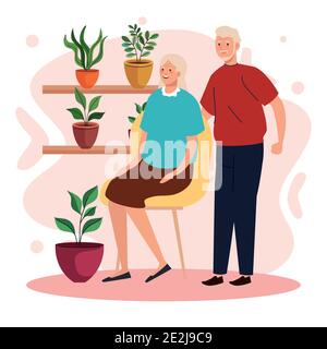 elderly old couple seated in the chair in the garden characters Stock Vector