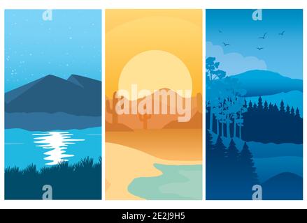 three abstract landscapes scenes backgrounds Stock Vector