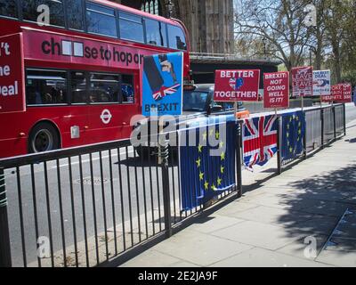 anti-brexit signs and eu flag outside parlament westminster, london, uk Stock Photo