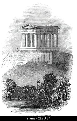 The Durham Monument, 1844. The Penshaw Monument in Sunderland, County Durham, was built to commemorate John Lambton, 1st Earl of Durham, Governor-General of British North America. 'The design, by the Messrs. [John and Benjamin] Green, is in the form of a Temple, of the Doric order, and the proportions are after the Temple of Theseus'. The monument was built between 1844 and 1845. From &quot;Illustrated London News&quot;, 1844, Vol V. Stock Photo