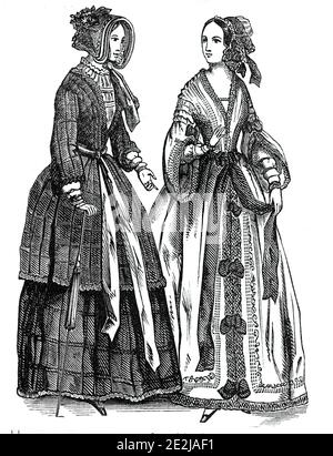 Fashions for September, 1844. Left: 'An evening dress of embroidered white organdy, trimmed with pink satin bows and sash. A lace cap, trimmed with purple satin ribbons'. Right: 'A promenade dress, composed of chequed camelion silk, trimmed with a corkscrew of satin ribbon, with a pink satin sash. Hat composed of paille de riz, and satin ribbon placed alternately, and ornamented with lace and flowers'. From &quot;Illustrated London News&quot;, 1844, Vol V. Stock Photo